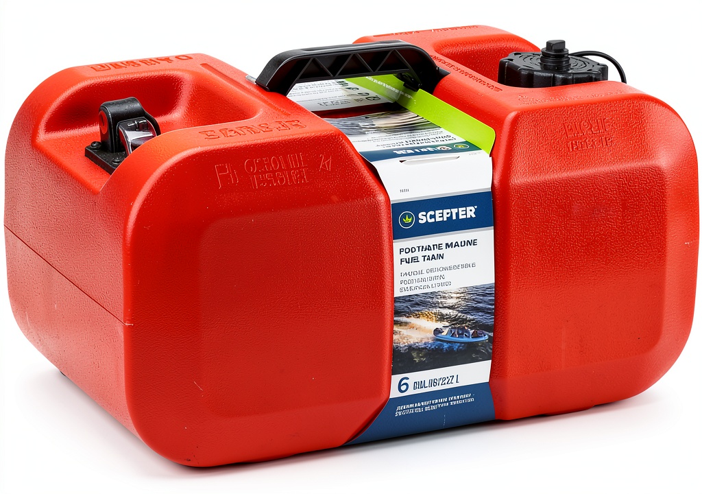 Scepter portable boat gas tank on a dock with a small fishing boat