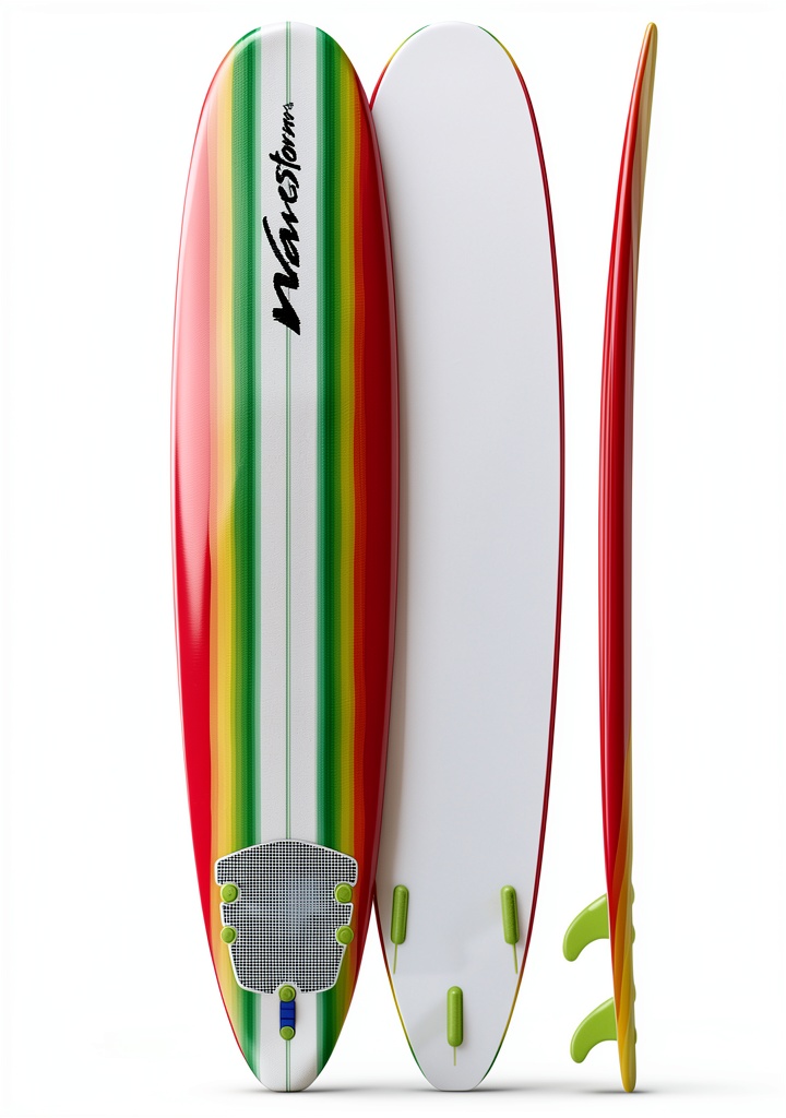 Wavestorm Classic Surfboard on a beach with vibrant tri‑color graphics