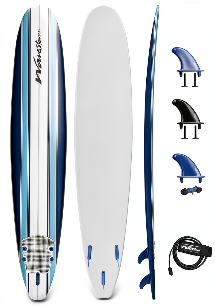 Unboxing WaveStorm Classic Soft Top 9ft surfboard foam core on a garage floor